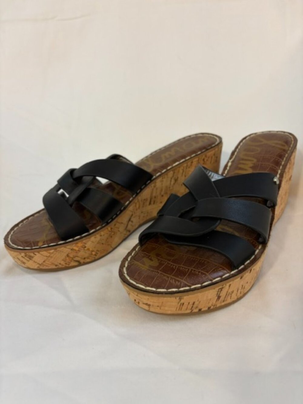 NWOT Sam Edelman Raynere Black Leather Cork Wedge Slip-on Sandal Size 8.5M